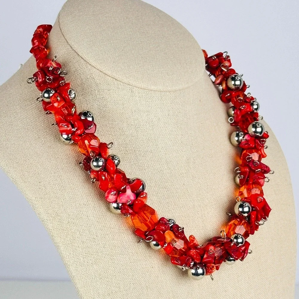 Bold Red Cluster Necklace Coral Chip Faceted Bead Silver Tone Maximalist Collar